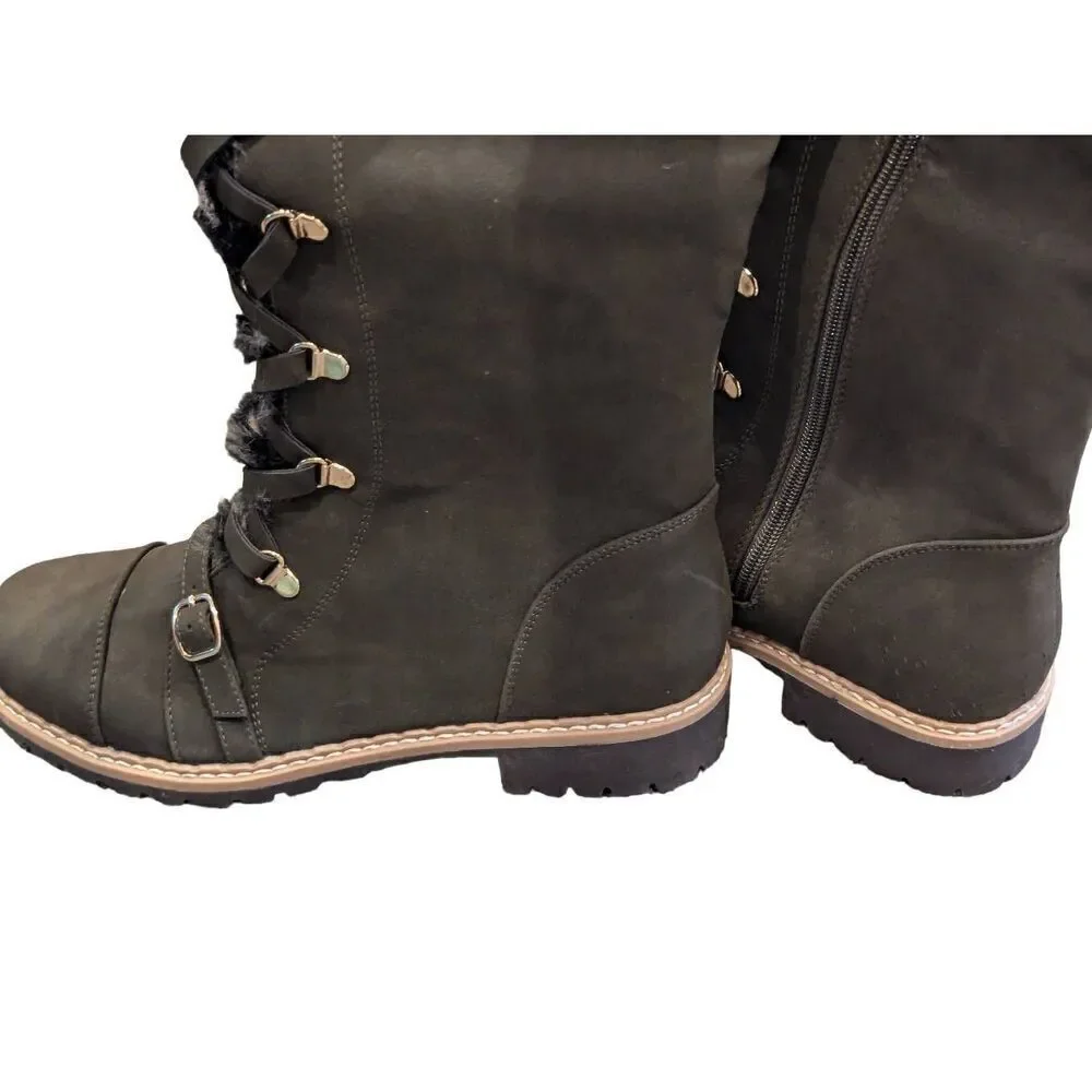 JustFab Women's Green Jylan Faux Fur Lace-Up High Shaft Boots Size 10